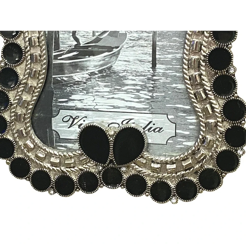 Vintage Ornate Silver Tone Black Jeweled 4x6 Picture‎ Frame Rhinestone Tabletop